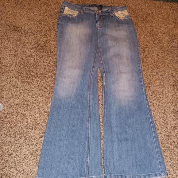 Vanilla Jeans Size 13 Bling Rhinestones and Lace Blue Denim Flare - Picture 1 of 9